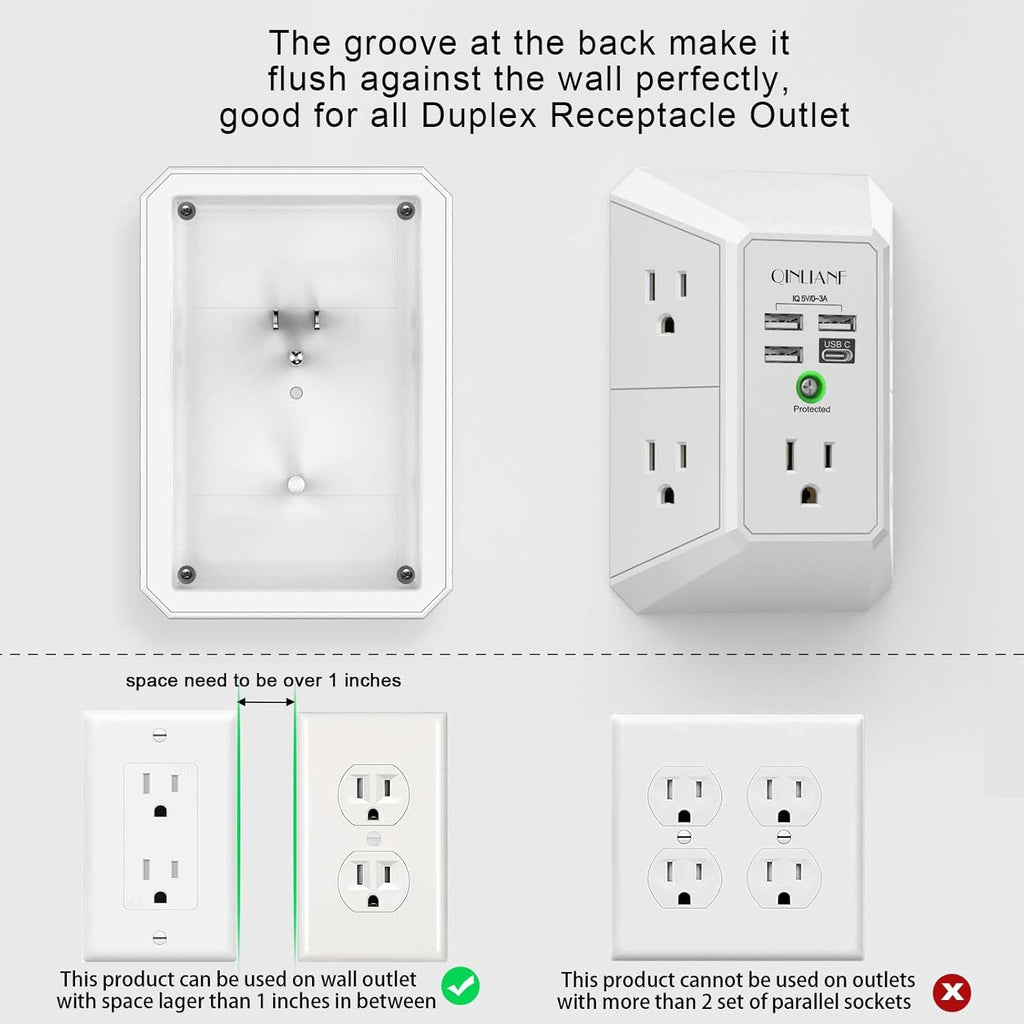 Wall Charger, Surge Protector,  5 Outlet Extender with 4 USB Charging Ports, 3-Sided 1680J Power Strip Multi Plug Adapter Spaced for Home Travel Office