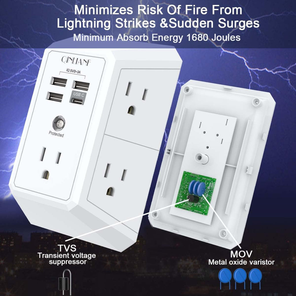 Wall Charger, Surge Protector,  5 Outlet Extender with 4 USB Charging Ports, 3-Sided 1680J Power Strip Multi Plug Adapter Spaced for Home Travel Office