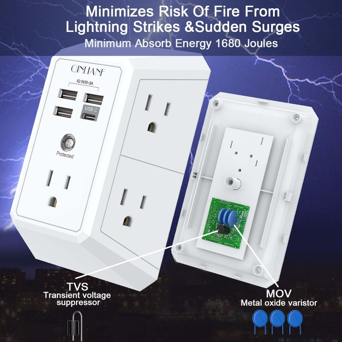 Wall Charger, Surge Protector,  5 Outlet Extender with 4 USB Charging Ports, 3-Sided 1680J Power Strip Multi Plug Adapter Spaced for Home Travel Office