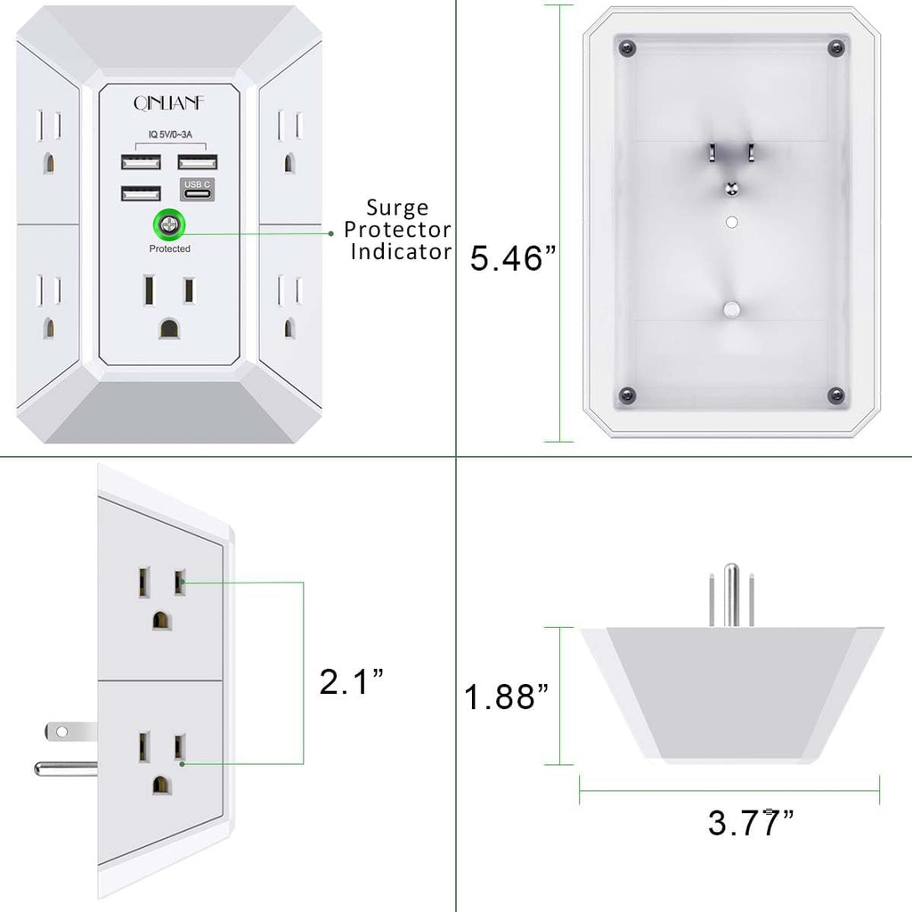 Wall Charger, Surge Protector,  5 Outlet Extender with 4 USB Charging Ports, 3-Sided 1680J Power Strip Multi Plug Adapter Spaced for Home Travel Office