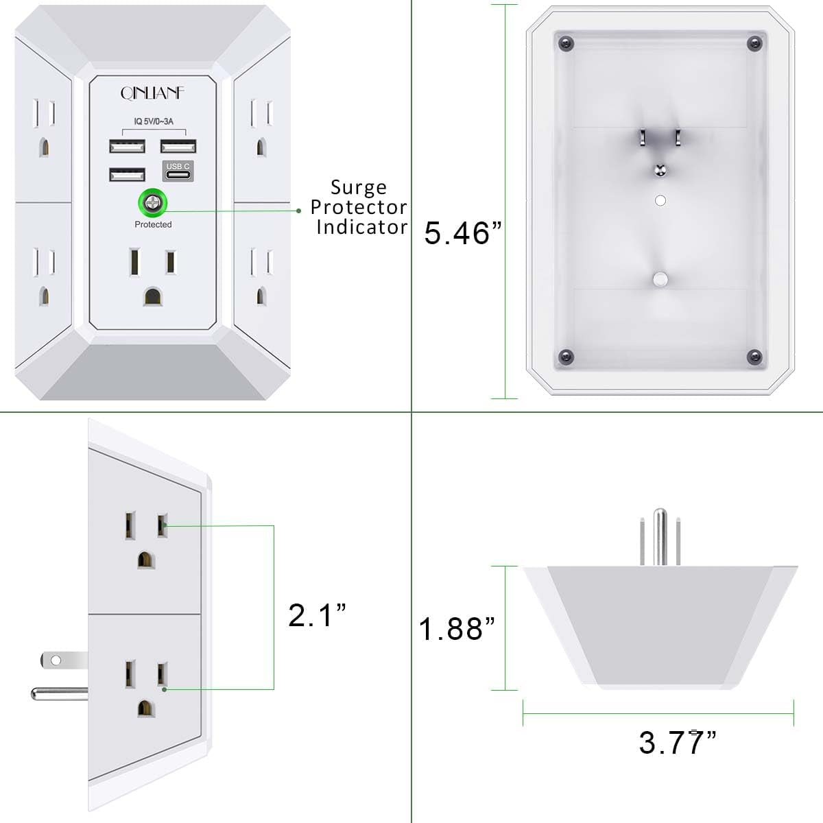 Wall Charger, Surge Protector,  5 Outlet Extender with 4 USB Charging Ports, 3-Sided 1680J Power Strip Multi Plug Adapter Spaced for Home Travel Office