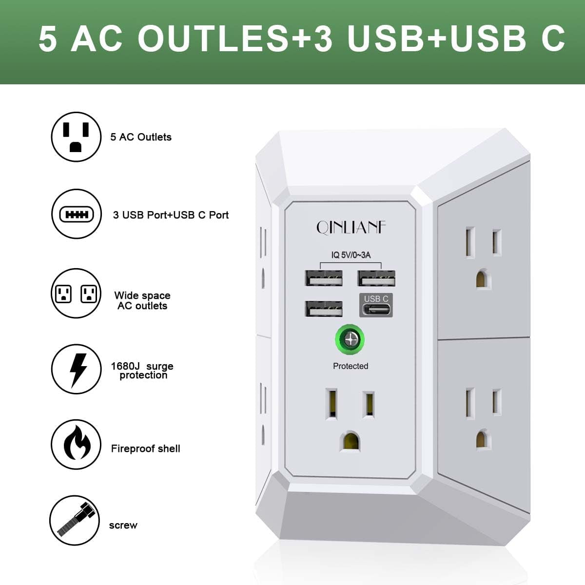 Wall Charger, Surge Protector,  5 Outlet Extender with 4 USB Charging Ports, 3-Sided 1680J Power Strip Multi Plug Adapter Spaced for Home Travel Office