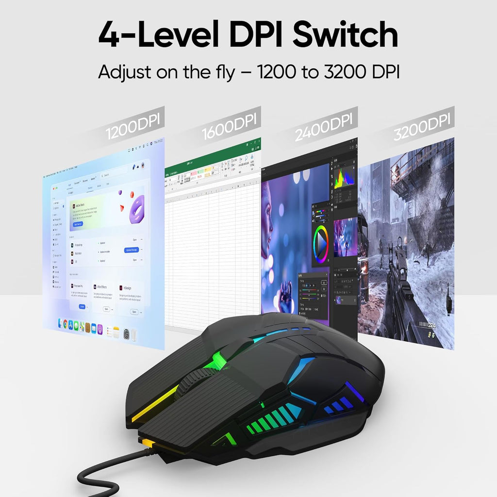 Wired Gaming Mouse - Lightweight USB Optical Computer Mice with 7-Color RGB LED Lights, 4 Adjustable DPI (1200-3200), 6 Buttons, Ergonomic Design for Windows (S800-Black)