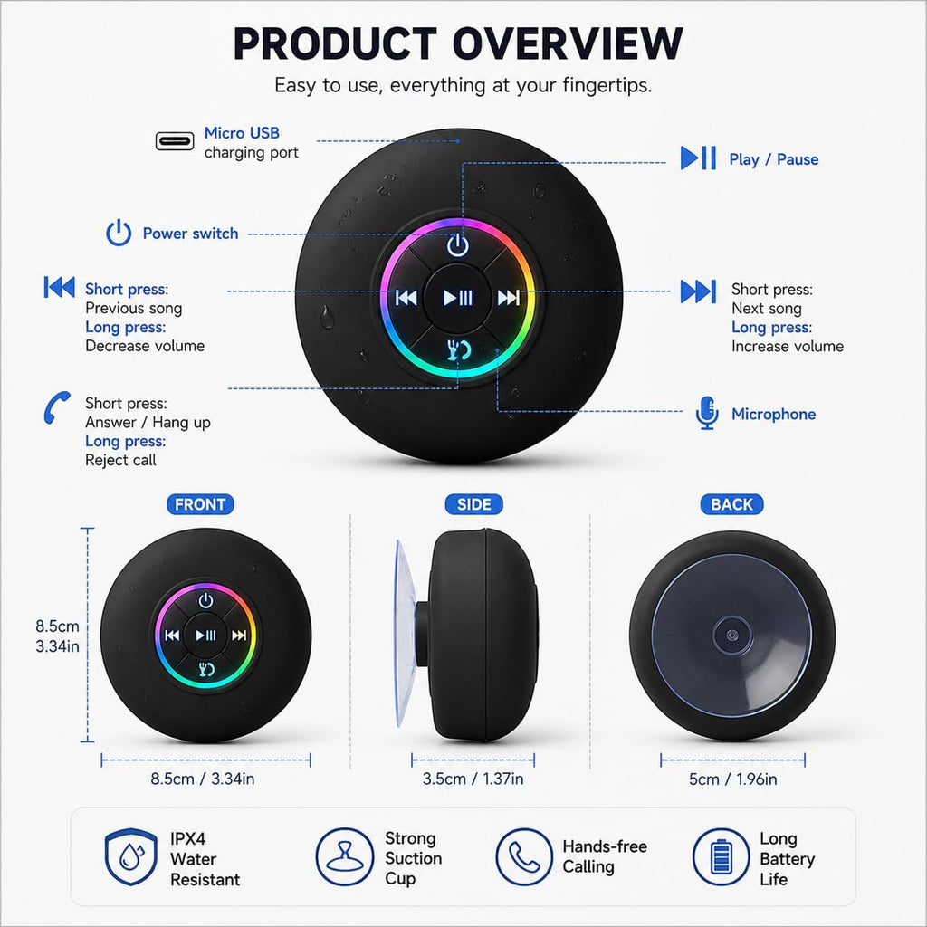 Bluetooth Shower Speaker with LED – Portable Wireless Mini Speaker with Microphone and Suction Cup, IPX4 Water Resistant for Showering, Travel, Pool, River Floating, and Outdoor Activities (Black)