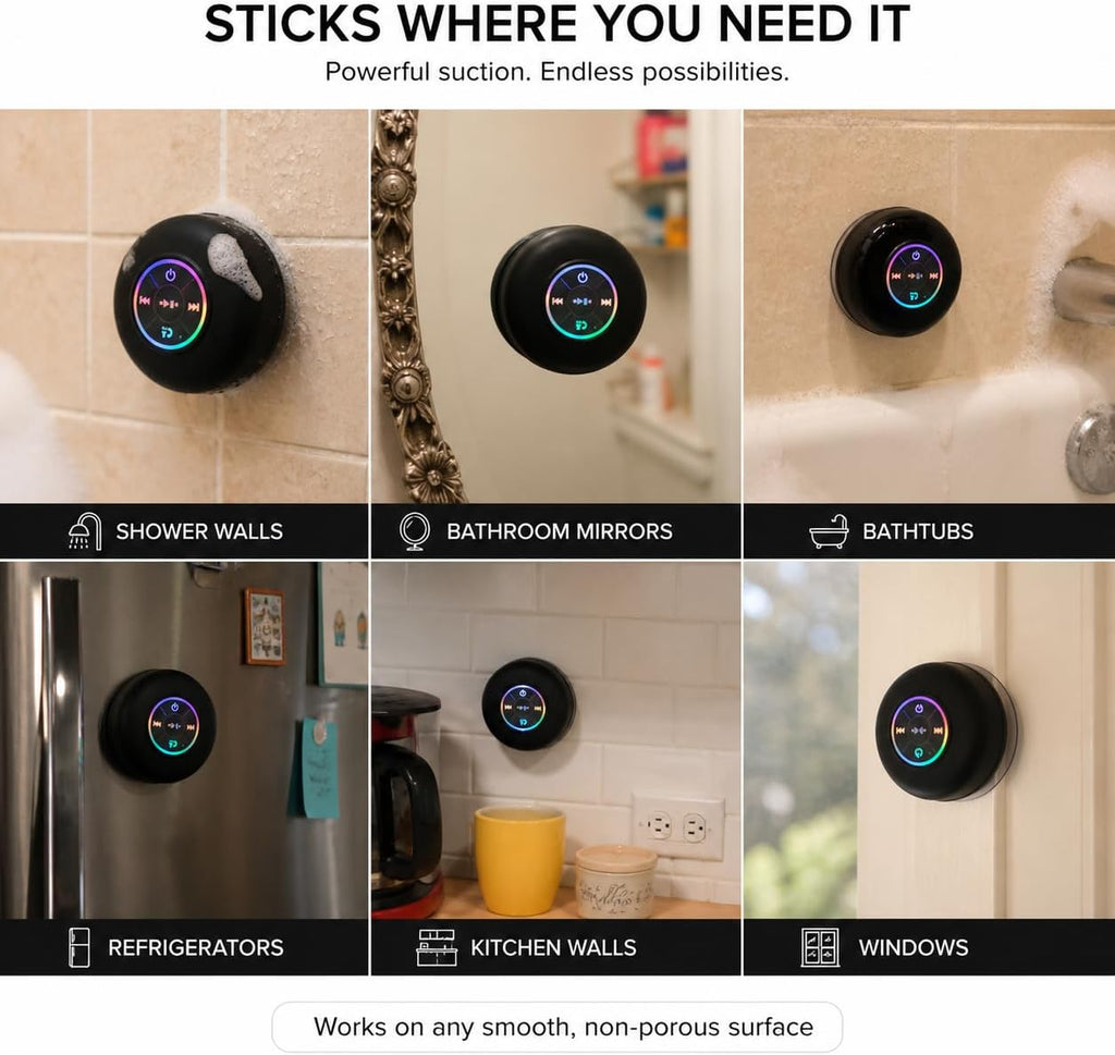 Bluetooth Shower Speaker with LED – Portable Wireless Mini Speaker with Microphone and Suction Cup, IPX4 Water Resistant for Showering, Travel, Pool, River Floating, and Outdoor Activities (Black)