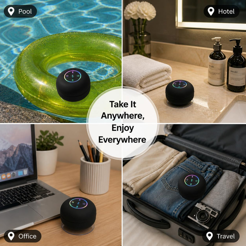 Bluetooth Shower Speaker with LED – Portable Wireless Mini Speaker with Microphone and Suction Cup, IPX4 Water Resistant for Showering, Travel, Pool, River Floating, and Outdoor Activities (Black)
