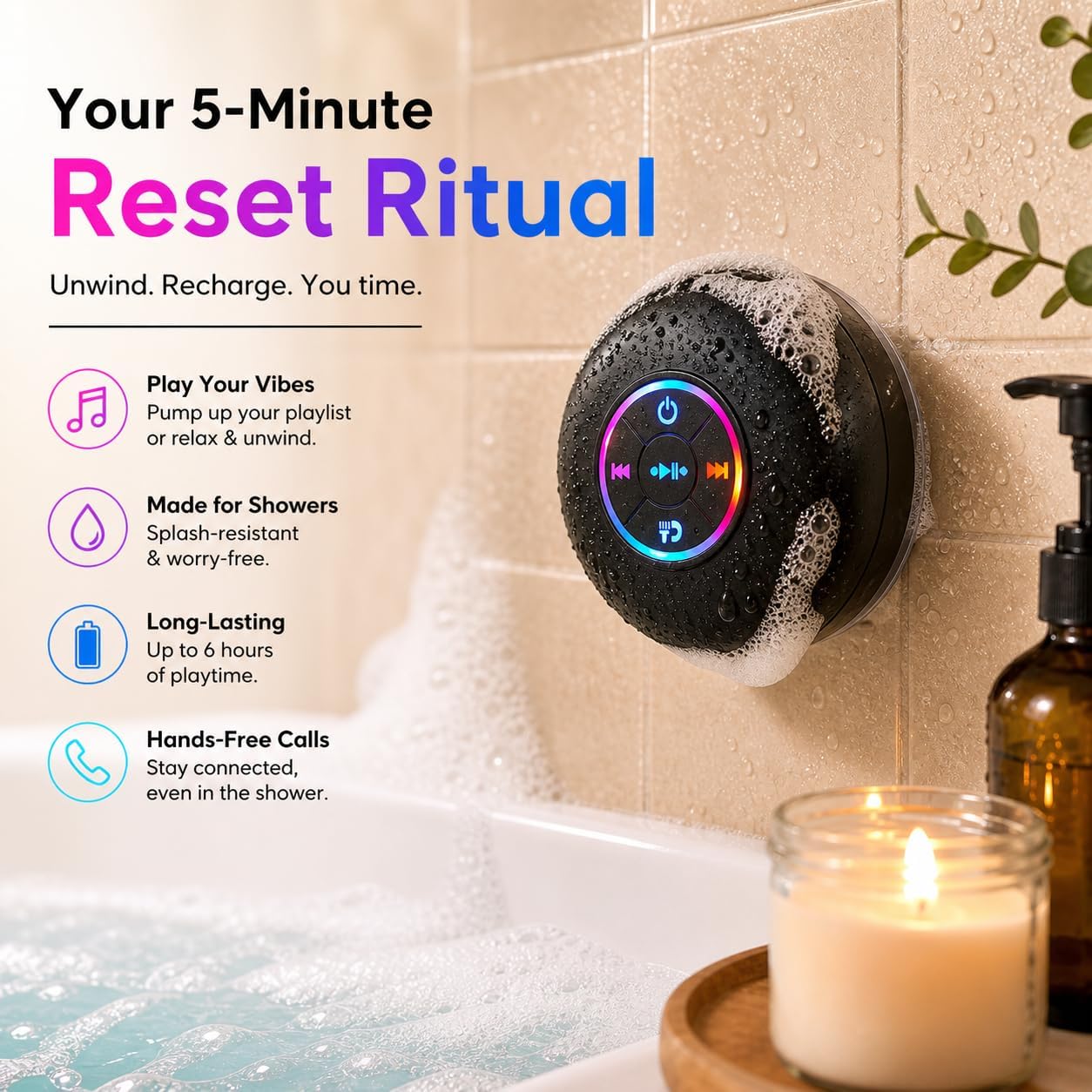 Bluetooth Shower Speaker with LED – Portable Wireless Mini Speaker with Microphone and Suction Cup, IPX4 Water Resistant for Showering, Travel, Pool, River Floating, and Outdoor Activities (Black)