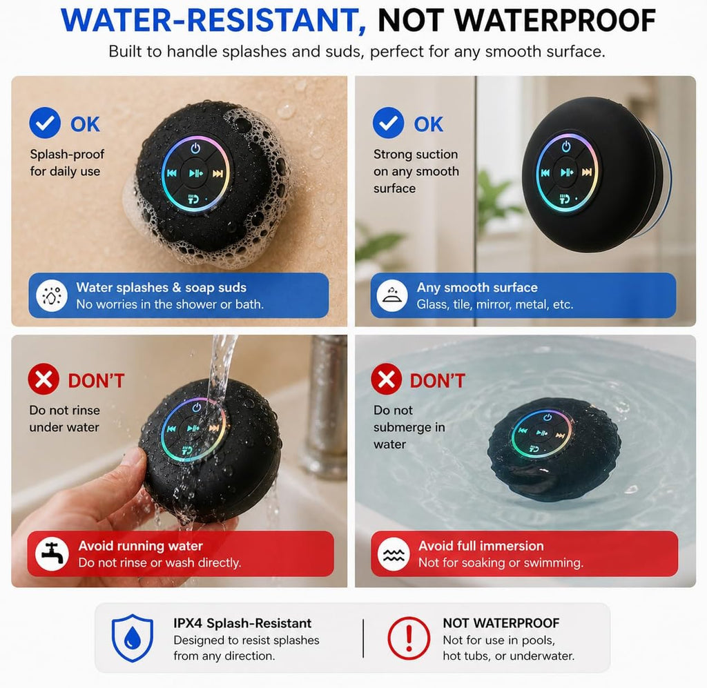 Bluetooth Shower Speaker with LED – Portable Wireless Mini Speaker with Microphone and Suction Cup, IPX4 Water Resistant for Showering, Travel, Pool, River Floating, and Outdoor Activities (Black)