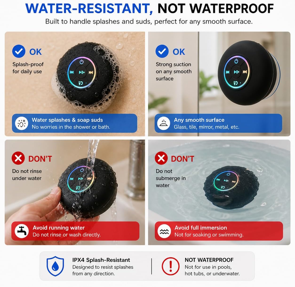 Bluetooth Shower Speaker with LED – Portable Wireless Mini Speaker with Microphone and Suction Cup, IPX4 Water Resistant for Showering, Travel, Pool, River Floating, and Outdoor Activities (Black)