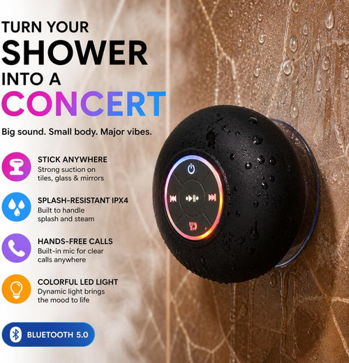 Bluetooth Shower Speaker with LED – Portable Wireless Mini Speaker with Microphone and Suction Cup, IPX4 Water Resistant for Showering, Travel, Pool, River Floating, and Outdoor Activities (Black)