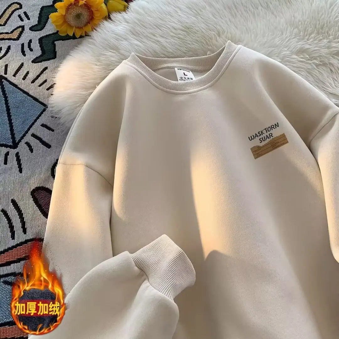 Retro American Hong Kong Style round Neck Sweatshirt Men'S Autumn Winter Thickened Fleece Loose Trendy Top Coat for Youth