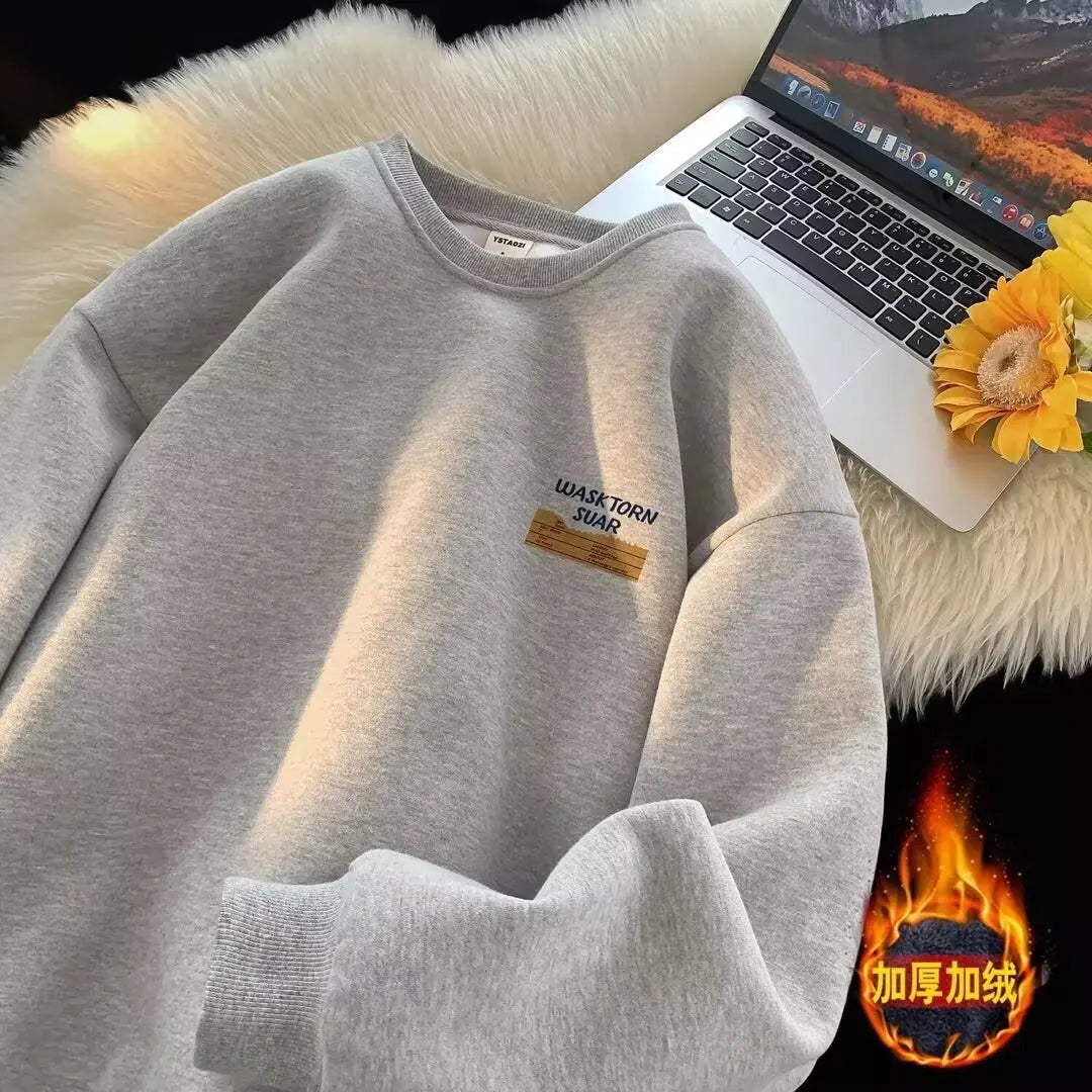 Retro American Hong Kong Style round Neck Sweatshirt Men'S Autumn Winter Thickened Fleece Loose Trendy Top Coat for Youth