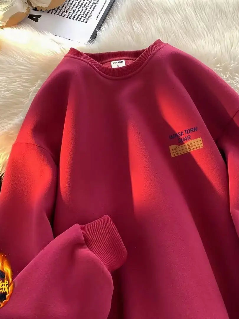 Retro American Hong Kong Style round Neck Sweatshirt Men'S Autumn Winter Thickened Fleece Loose Trendy Top Coat for Youth