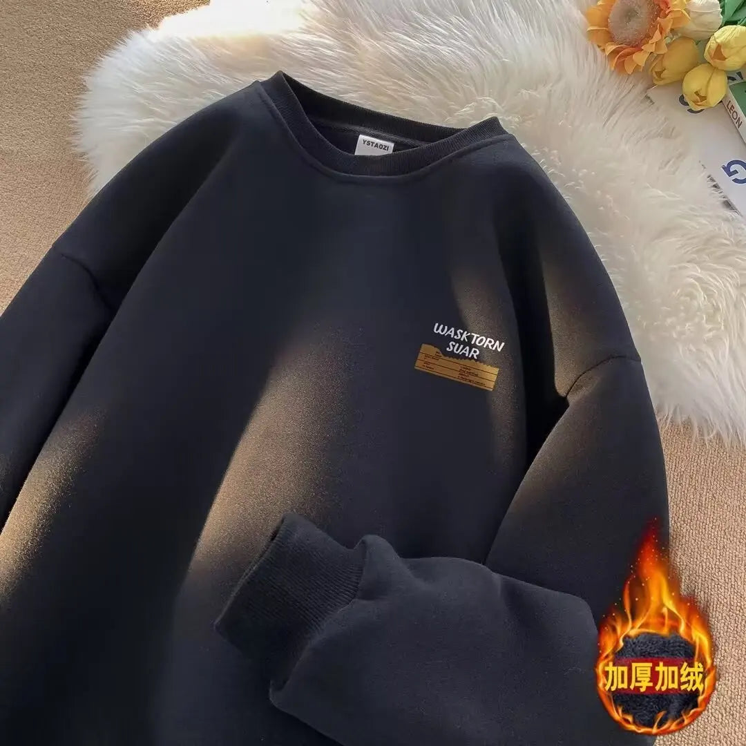 Retro American Hong Kong Style round Neck Sweatshirt Men'S Autumn Winter Thickened Fleece Loose Trendy Top Coat for Youth