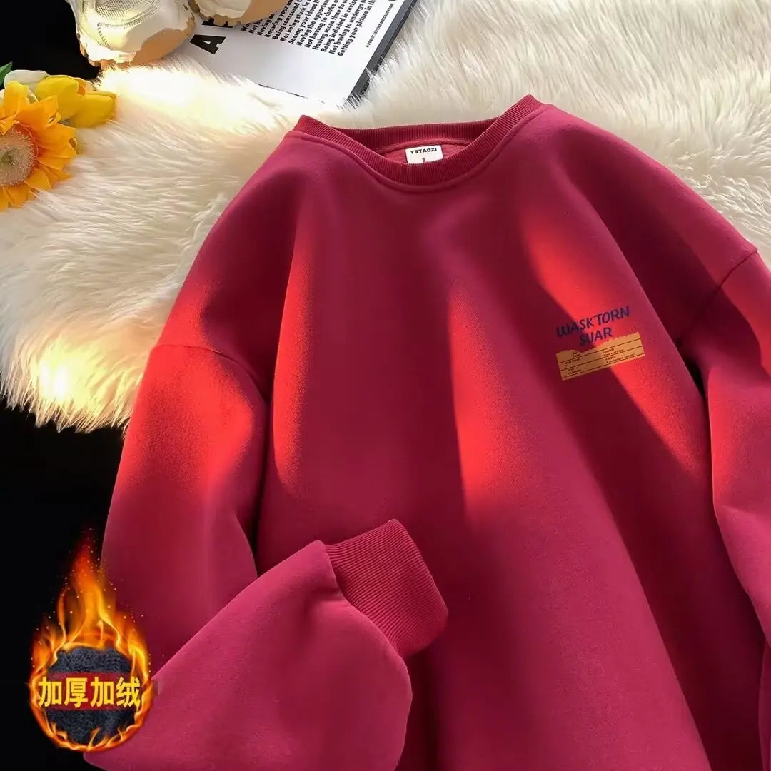 Retro American Hong Kong Style round Neck Sweatshirt Men'S Autumn Winter Thickened Fleece Loose Trendy Top Coat for Youth