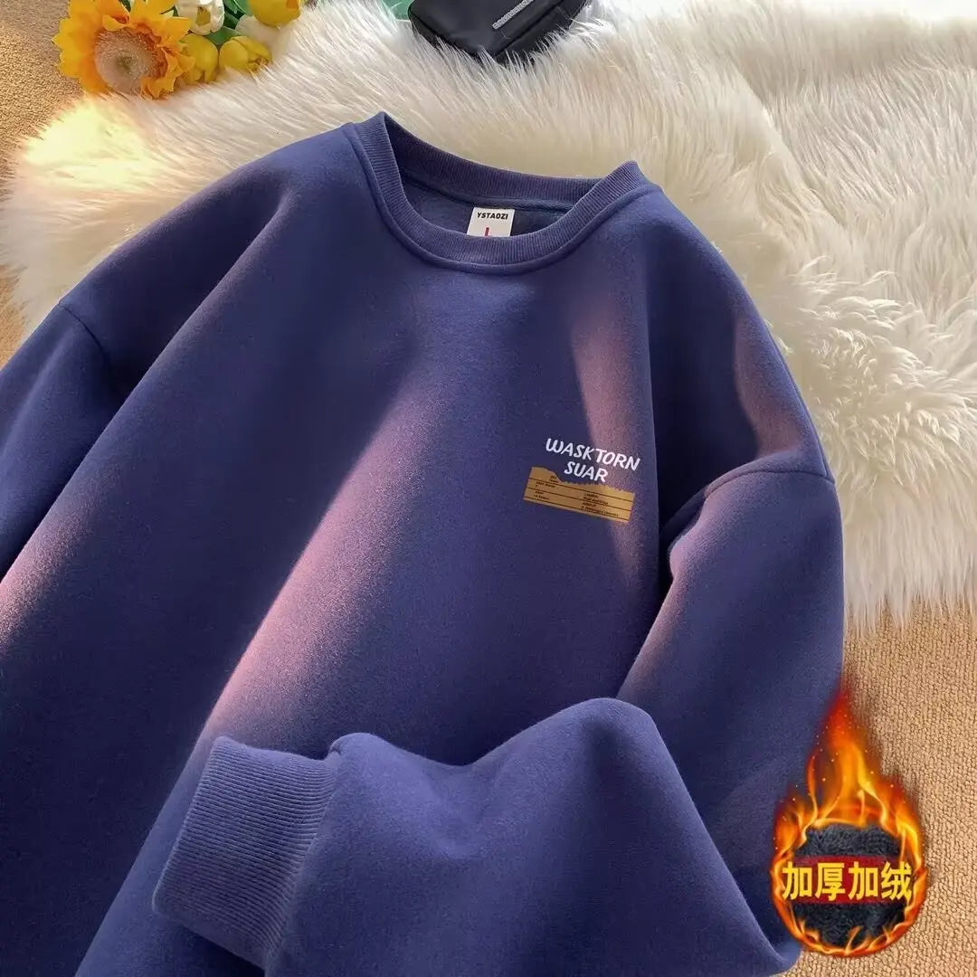 Retro American Hong Kong Style round Neck Sweatshirt Men'S Autumn Winter Thickened Fleece Loose Trendy Top Coat for Youth
