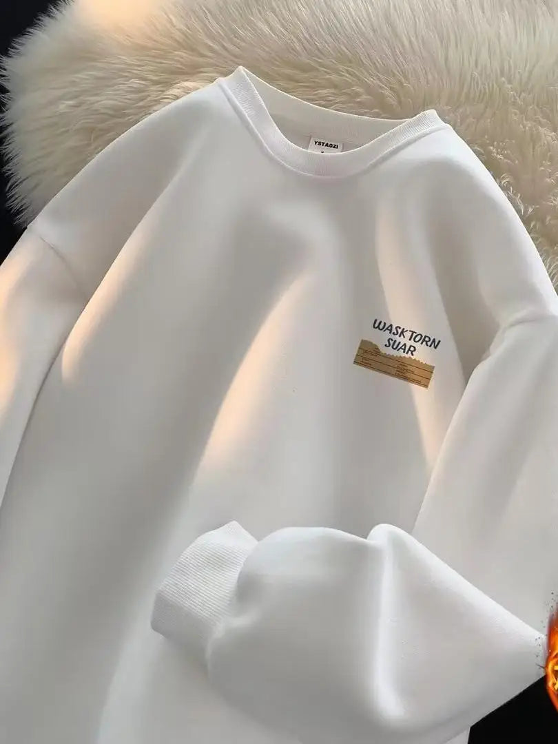 Retro American Hong Kong Style round Neck Sweatshirt Men'S Autumn Winter Thickened Fleece Loose Trendy Top Coat for Youth