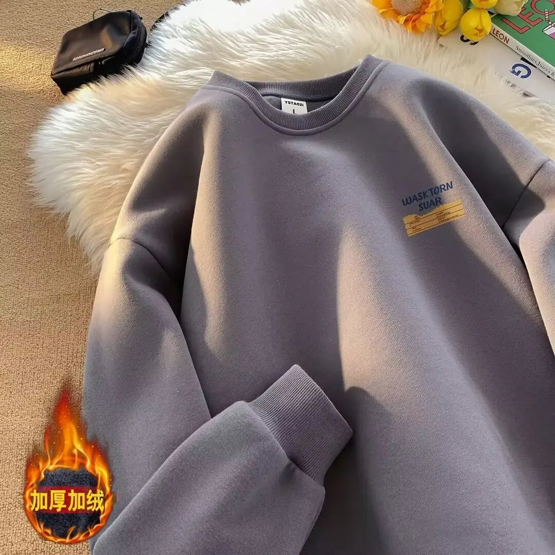Retro American Hong Kong Style round Neck Sweatshirt Men'S Autumn Winter Thickened Fleece Loose Trendy Top Coat for Youth