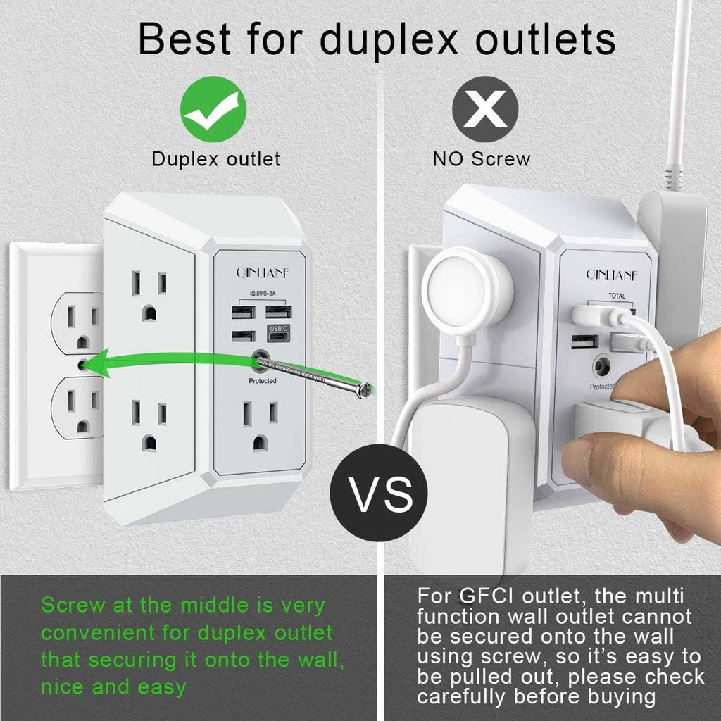 Wall Charger, Surge Protector,  5 Outlet Extender with 4 USB Charging Ports, 3-Sided 1680J Power Strip Multi Plug Adapter Spaced for Home Travel Office