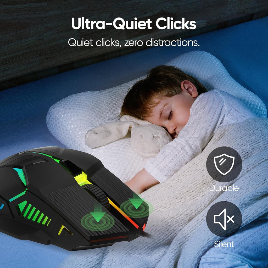 Wired Gaming Mouse - Lightweight USB Optical Computer Mice with 7-Color RGB LED Lights, 4 Adjustable DPI (1200-3200), 6 Buttons, Ergonomic Design for Windows (S800-Black)
