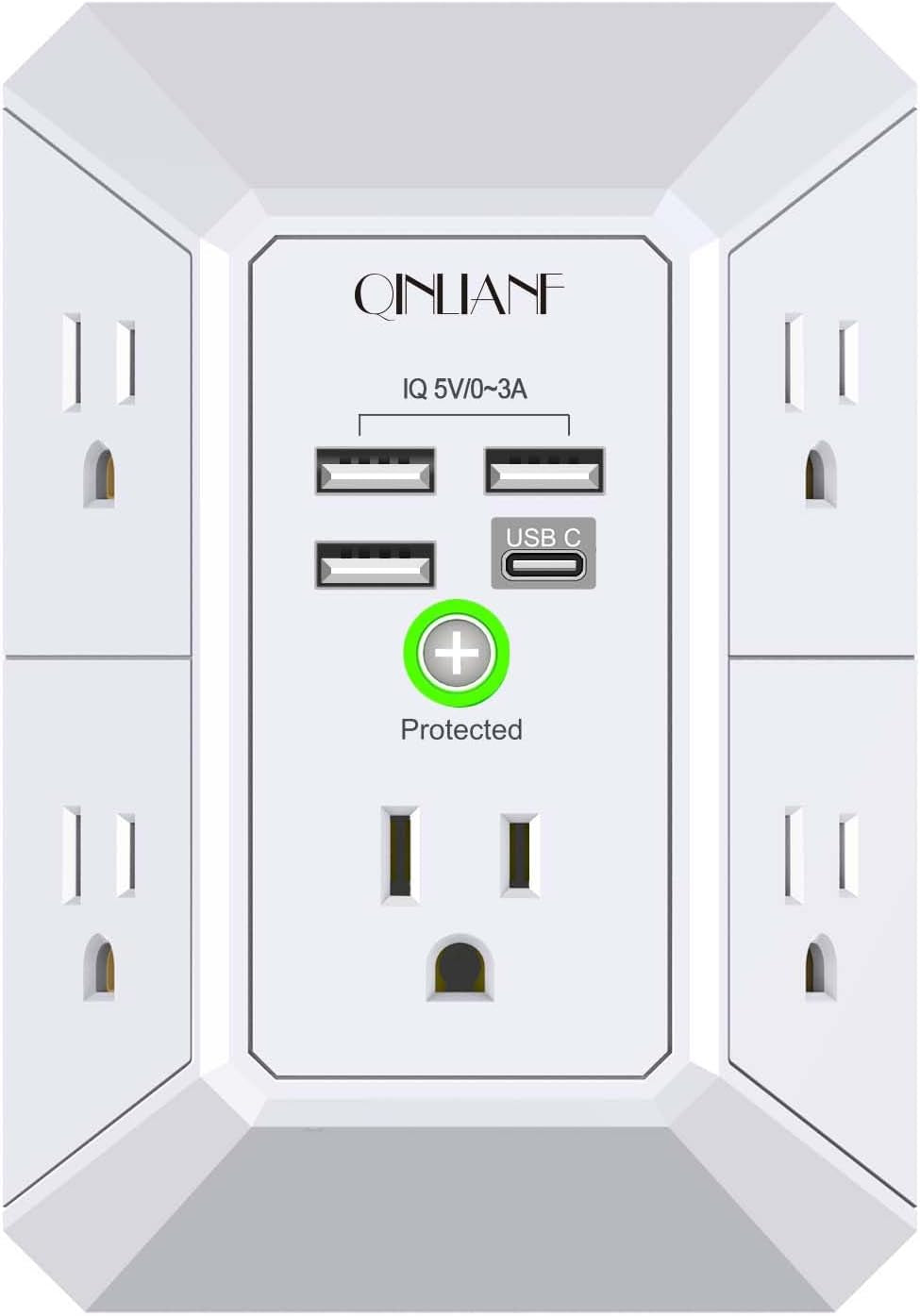Wall Charger, Surge Protector,  5 Outlet Extender with 4 USB Charging Ports, 3-Sided 1680J Power Strip Multi Plug Adapter Spaced for Home Travel Office